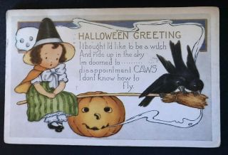 Antique Whitney Halloween Greetings Postcard Girl Jol Pumpkin Crows Vintage - C - 13