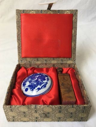 Vintage Chinese Cat Wax Seal Stamp Set Porcelain Fabric Box Carved Stone Peter
