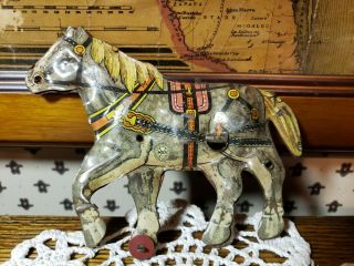 Vintage Antique Marx Tin Litho Metal Toy Work Farm Pulling Draft Horse On Wheel