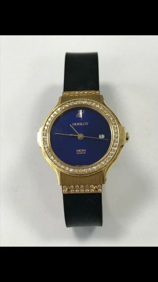 Rare Blue Hublot Mdm Geneve 18k Solid Gold Diamond Bezel Wrist Watch