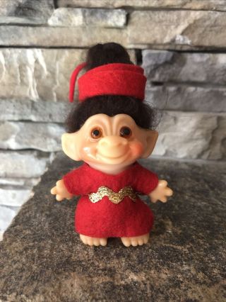Vintage 3” Troll Doll By Dam Brown Fur Hair Amber Glass Eyes Outfit