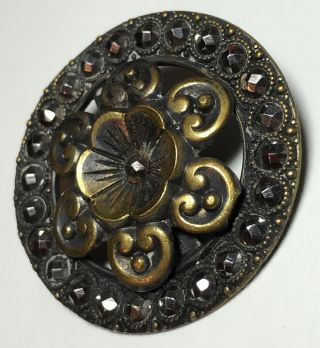 Large Antique Picture Brass Button Flower Many Cut Steels