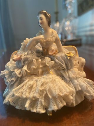 Vintage German Dresden Lace Figurine,  Seated Lady,  Volstedt,  3 In