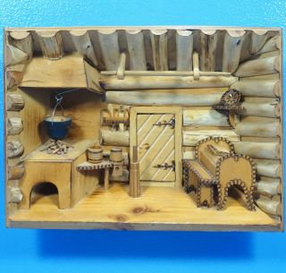 11 " Antique Swiss Black Forest Carved 3d Diorama Wall Plaque Ski Chalet Room