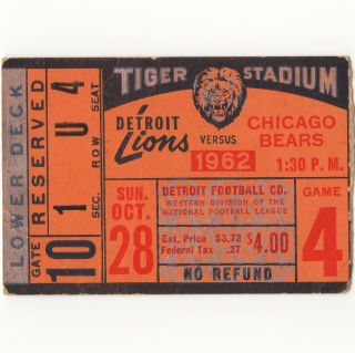 Detroit Lions Vs Chicago Bears Nfl Football Ticket Stub 10/28/62 Tigers Rare
