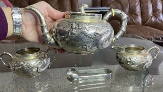 Large Set Of 4 Rare 19th Century Chinese Carved Solid Silver Tea Set
