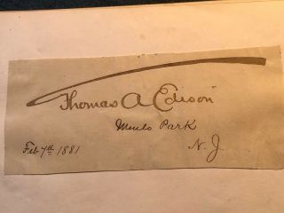 Rare Early Thomas Edison Autograph In Album 1881 From Menlo Park,  Nj.