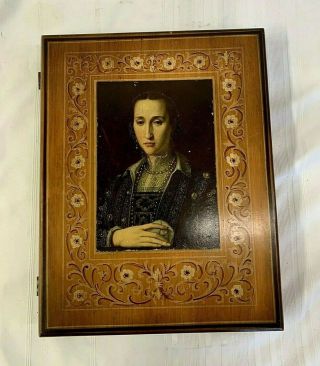 Vintage Book Shaped Wooden Box Documents Woman 