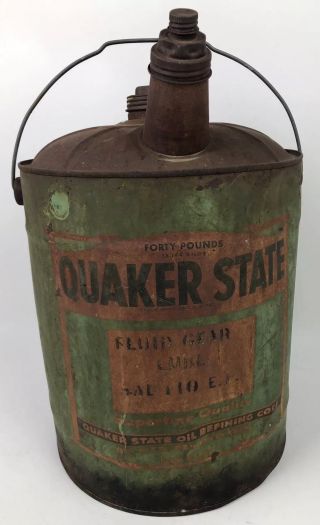 Rare Early Vintage Quaker State 5 Gallon Fluid Gear Lube Motor Oil Can
