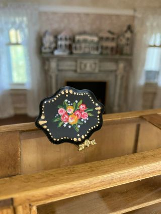 Vintage Miniature Dollhouse Artisan Hand Painted Scalloped Metal Tray Signed