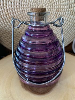 Antique Purple Glass Fly Trap Insect Catcher Bee Hive Shape With Cork Stopper