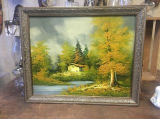 Vtg Artist Signed Framed Oil On Canvas Painting Lake House Nature Bob Ross Style