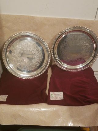 Vintage Fb Rogers Silver Plate 12 " Round Tupperware Rose Serving Tray - Pair