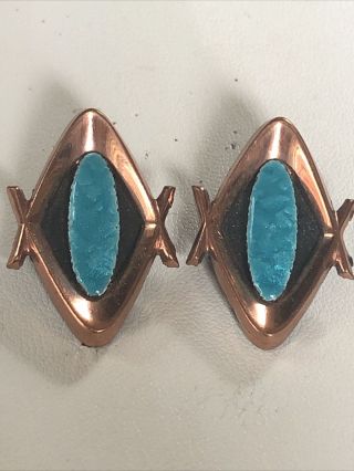 Rare Vintage Costume Jewelry Matisse Renoir Blue Enamel Copper Clip Earringsg