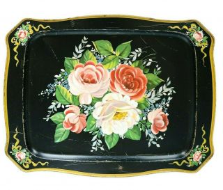Vintage Hand Painted Tole Tray Floral Design 18 1/2 " X 14” Well Loved Metal Tray