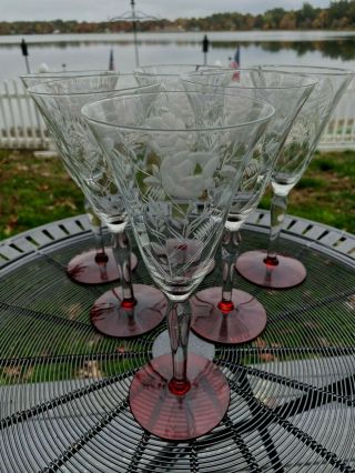 6 Antique Cambridge Christmas Wine Glasses Goblets Cut Rose Optic Bowl Red Foot