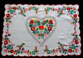 Rare Antique Hungarian Hand Embroidered Silk Matyo Wall Decoration/heart Motif