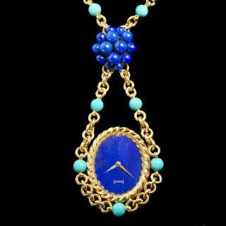 Rare Piaget 18k Gold Persian Turquoise Lapis Lazuli Necklace Pendant Watch,