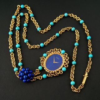 Rare Piaget 18K Gold Persian Turquoise Lapis Lazuli Necklace Pendant Watch, 2