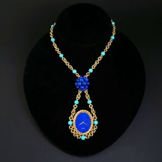 Rare Piaget 18K Gold Persian Turquoise Lapis Lazuli Necklace Pendant Watch, 3