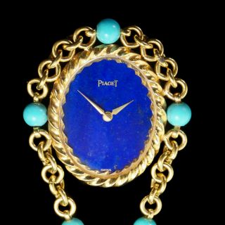 Rare Piaget 18K Gold Persian Turquoise Lapis Lazuli Necklace Pendant Watch, 4