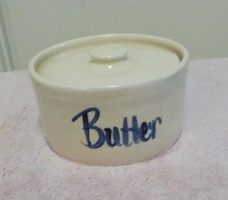 Antique Pottery Stoneware Blue Butter Crock W/lid