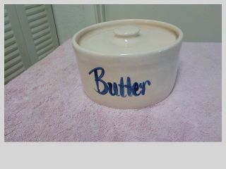 Antique Pottery Stoneware Blue Butter Crock w/Lid 2
