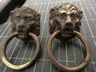 Vintage Pair Brass Plated Steel Lion Head Drop Ring Drawer Pulls - Salvaged