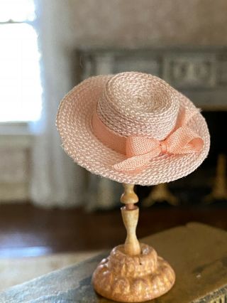 Vintage Miniature Dollhouse Artisan Pink Braided Straw Childs Summer Hat Silk