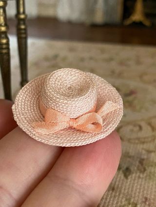 Vintage Miniature Dollhouse Artisan Pink Braided Straw Childs Summer Hat Silk 2