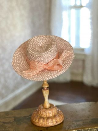 Vintage Miniature Dollhouse Artisan Pink Braided Straw Childs Summer Hat Silk 3