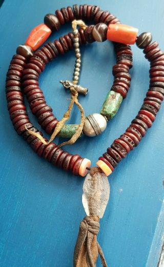 Antique Tibetan Kapala Mala Rare Red Coral Ancient Turquoise Crystal 1line Agate