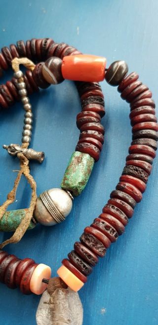 Antique Tibetan Kapala Mala rare Red Coral Ancient turquoise crystal 1line agate 3
