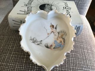 Antique 1800’s Heart Shaped Bowl Candy Cherubs Pulled By Birds Porcelain 1893