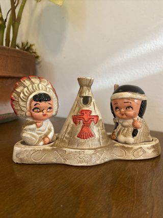 Vintage Antique Native American Boy & Girl Salt Pepper Shakers Set Made Japan