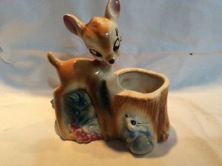Vintage Walt Disney Bambi And Rare Blue Thumper Ceramic Glazed Figurine Planter