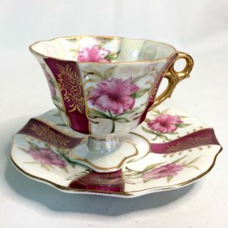 Vintage Bone China Pink Flower Tea Cup & Saucer Set - Gold Trim Floral Footed