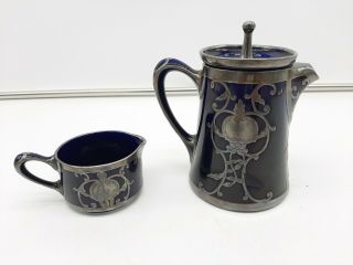 Antique Lenox Ceramic Art Co Mauser Silver Overlay Chocolate Pot & Creamer Set