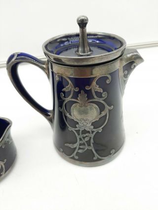 Antique Lenox Ceramic Art Co Mauser Silver Overlay Chocolate Pot & Creamer Set 2