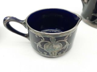 Antique Lenox Ceramic Art Co Mauser Silver Overlay Chocolate Pot & Creamer Set 3