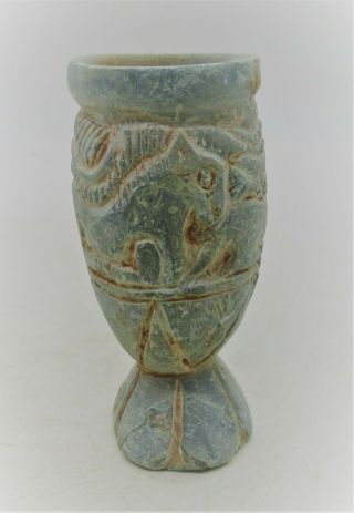 Ancient Bactrian Chlorite Stone And Enamel Stone Decorated Chalice Vessel