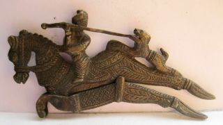 Antique Old Brass Engraved Horse Man Kill Lion Figurine Betel Nut Cutter Sarota