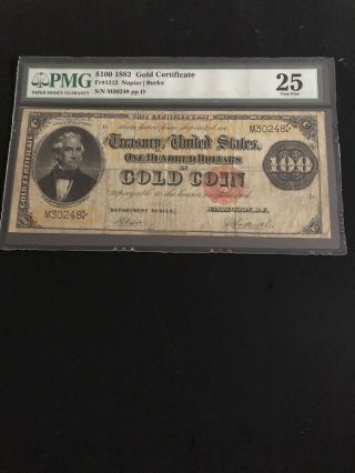 1882 - $100 Gold Certificate - Pmg 25.  Fr 1212.  A Rare - Napier&burke Signature.