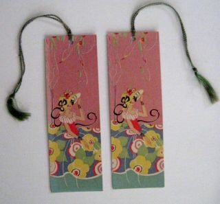 2 Vintage Art Deco Style Tally Cards w/ Charming Women in Flowered Skirts 2