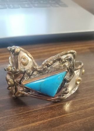Vintage Art Deco Sterling And Mixed Metal Bracelet With Exquisite Turquoise
