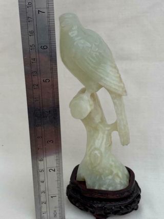 Chinese Vintage Jade Figure Of A Hawk On Carved Wood Stand.