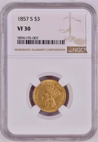 1857 - S Three Dollar Indian Gold Coin $3 - Certified Ngc Vf30 - Rare " S "