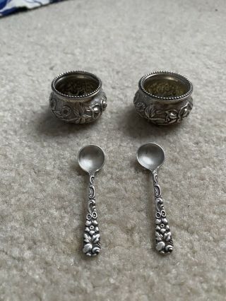 2 J.  S.  Macdonald Sterling Silver Repouse Salt Cellars And Spoons Antique 44 Gram