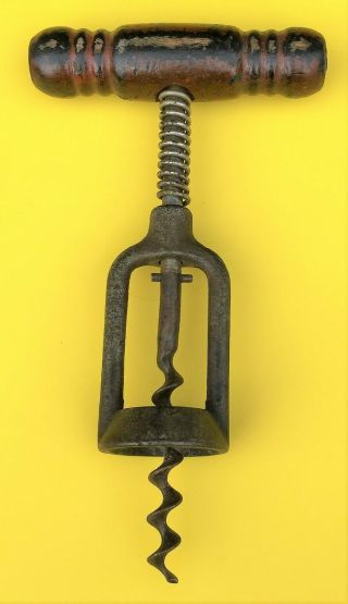 Antique Iron Corkscrew With Wooden Handle And Steel Spring