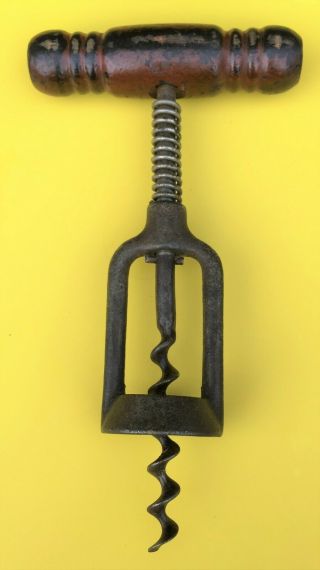 Antique Iron Corkscrew with Wooden Handle and Steel Spring 2
